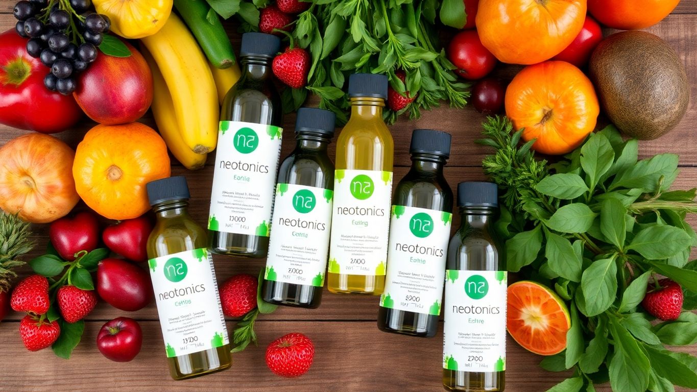 Photograph of Neotonics bottles with fruits and herbs.