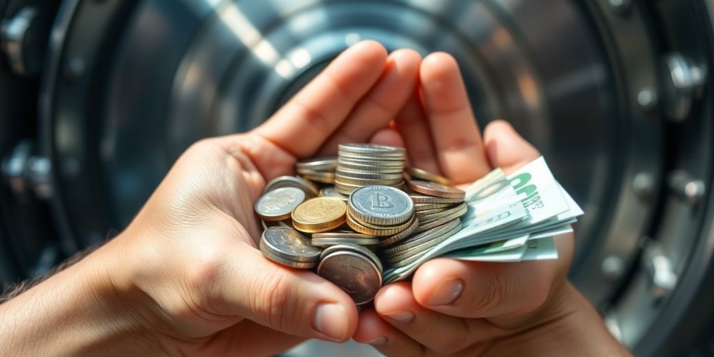 Mains protégeant des pièces de monnaie