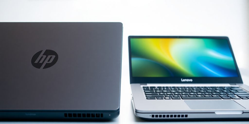 صورة لجهازي لابتوب HP و Lenovo متجاورين