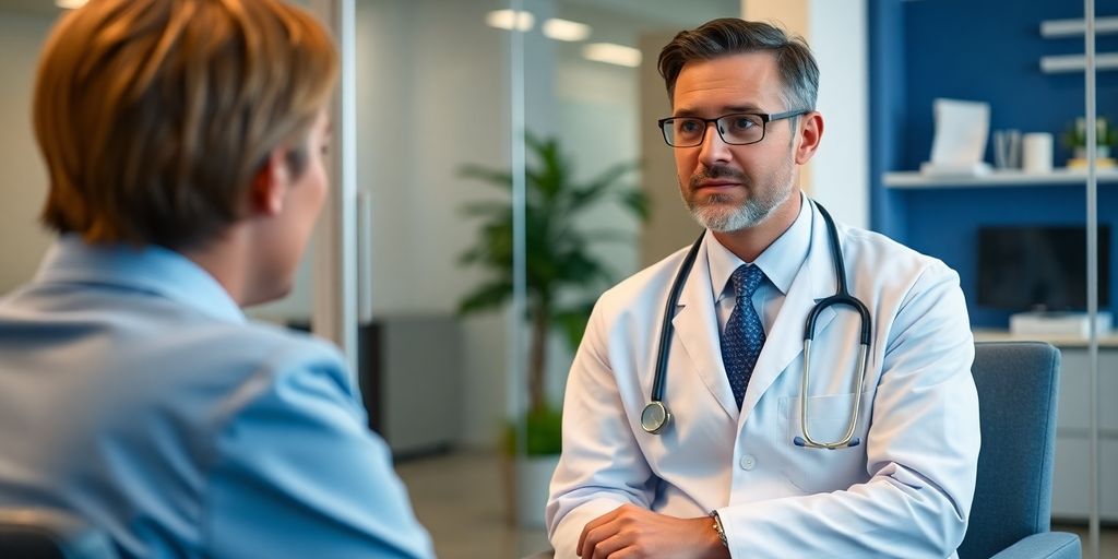 Medizinische Berufe: Wie eine Vermittlung abläuft und worauf Bewerber achten sollten Professionelles Arzt-Bewerbungsgespräch mit Fokus auf diskreten blauen Akzenten.