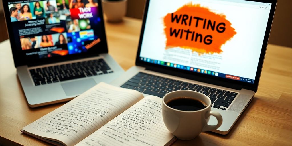 A workspace with a laptop and notebook for writing.