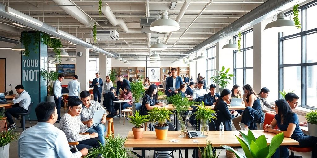 Modern coworking space bustling with professionals in Hong Kong.