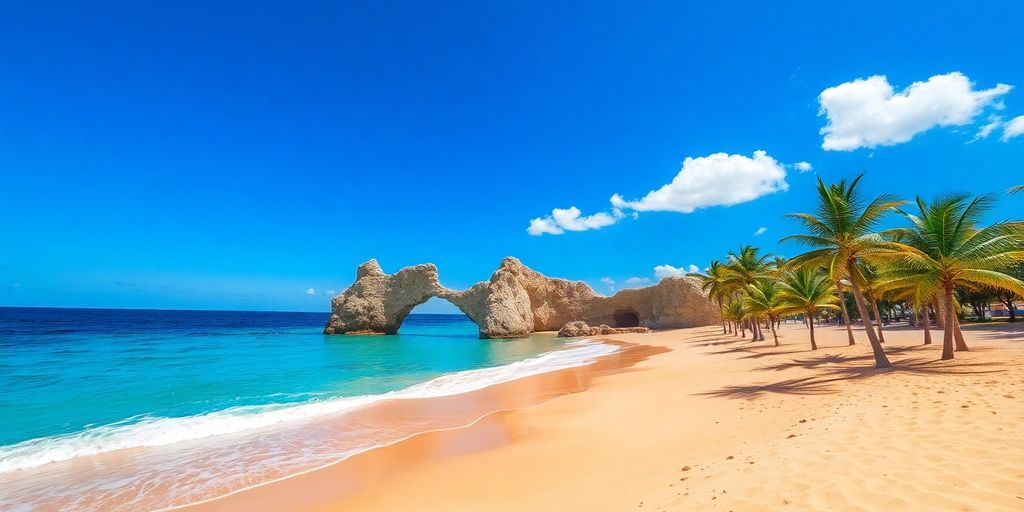Sunny beach, ocean, and arch rocks in Cabo.