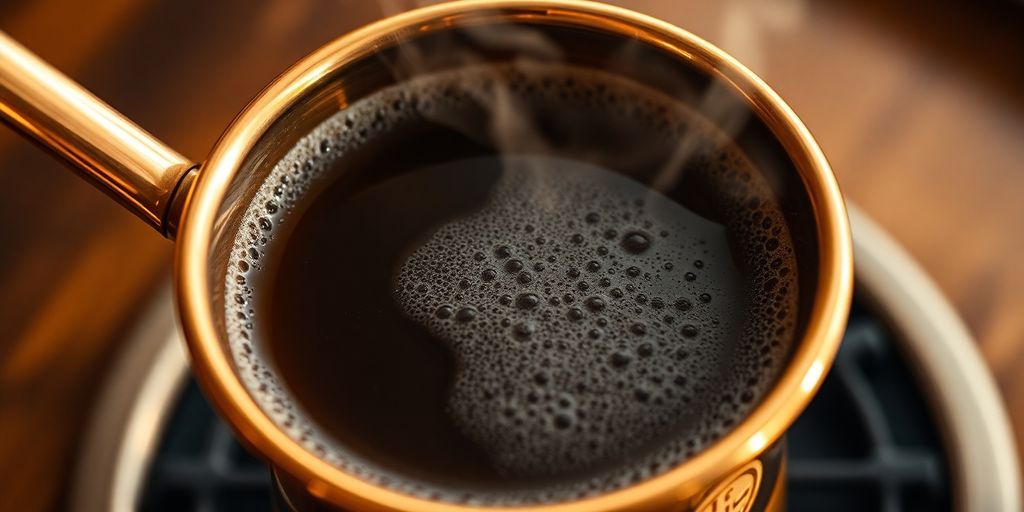 Briki coffee pot on burner with coffee brewing.