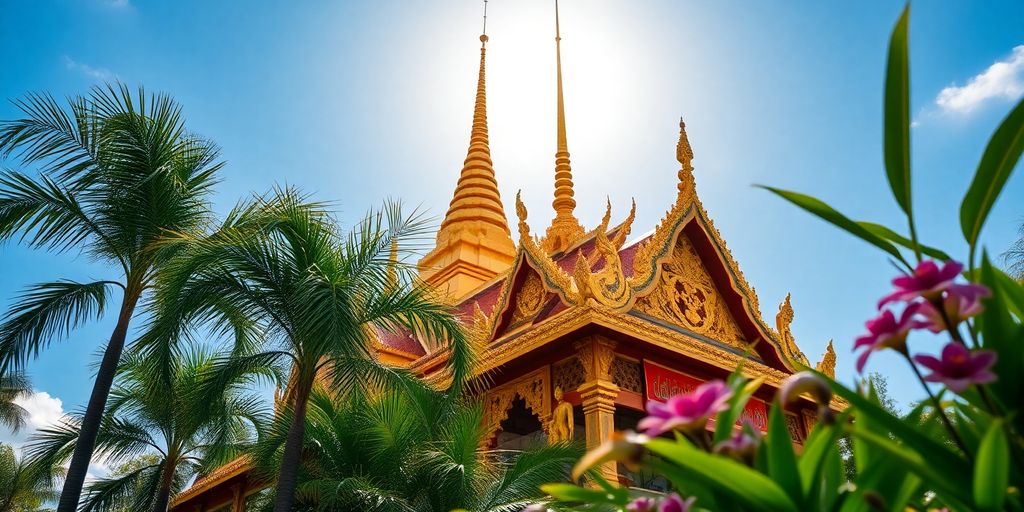Intricate temple amidst tropical foliage.
