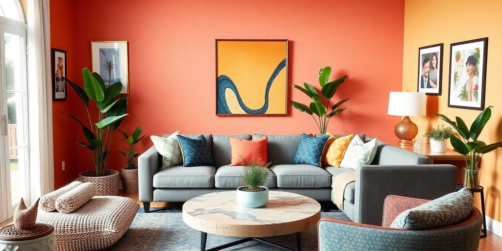 Modern living room with personalized decor and vibrant colors.