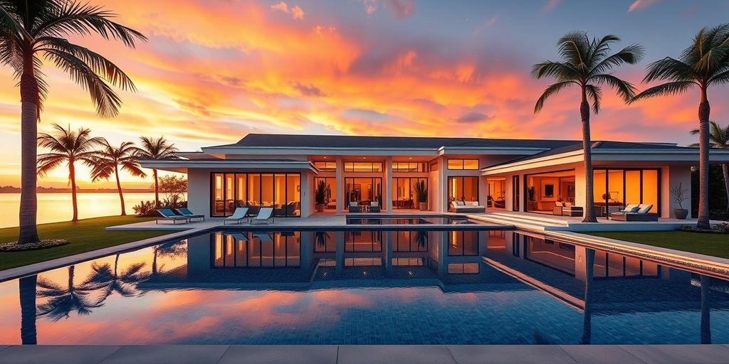 Luxurious home with pool and palm trees