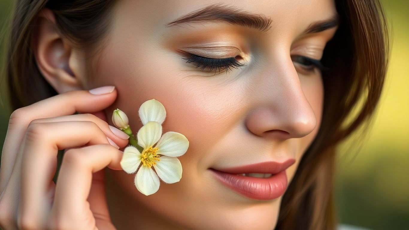 Woman with radiant skin and Swiss alpine flower.
