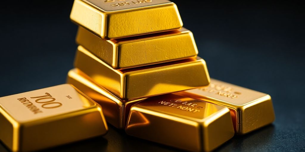 Lingots d'or de petite taille empilés sur un fond sombre.