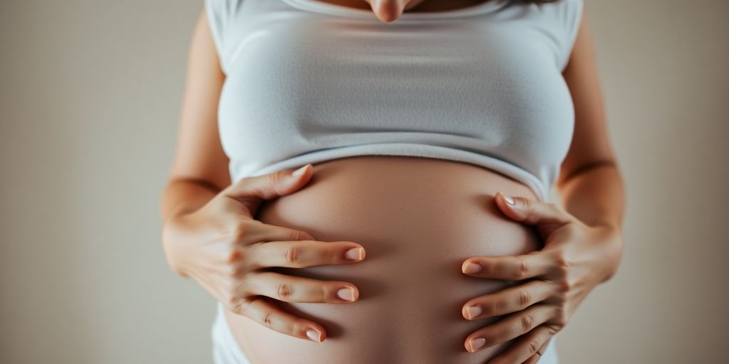 Mulher olhando a barriga, pensativa.