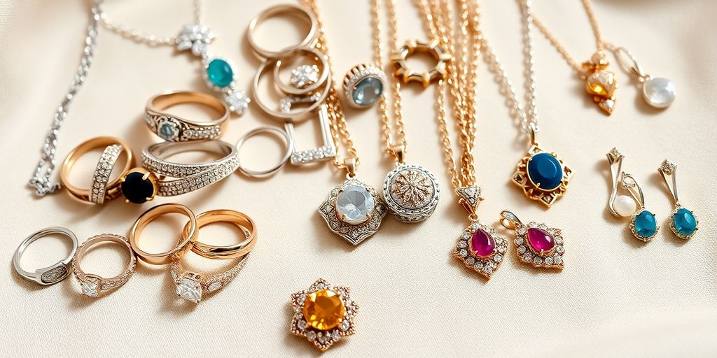 Collection de bijoux variés sur un fond doux.