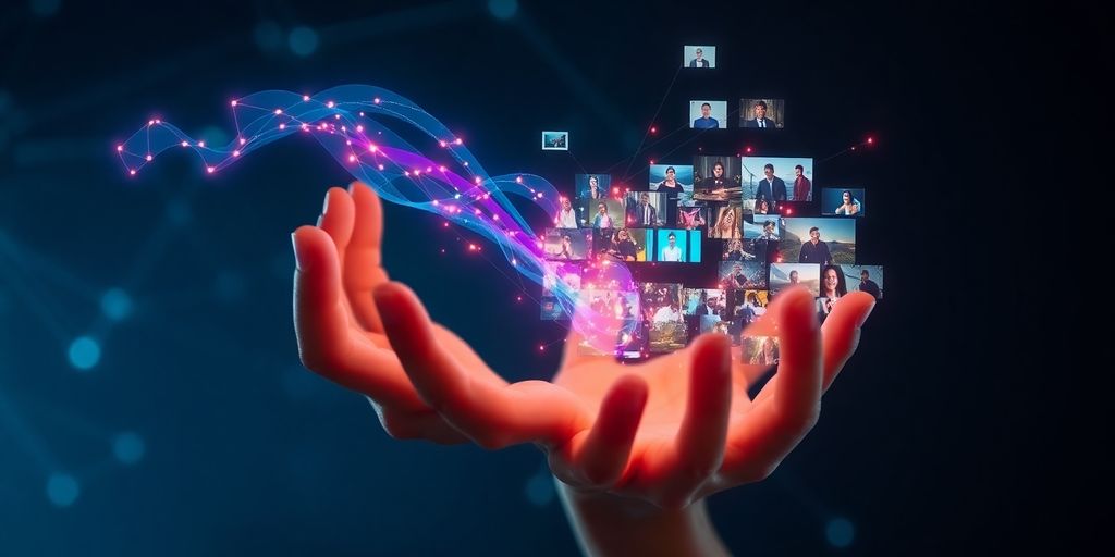 Hands interacting with a futuristic holographic video interface creating diverse content