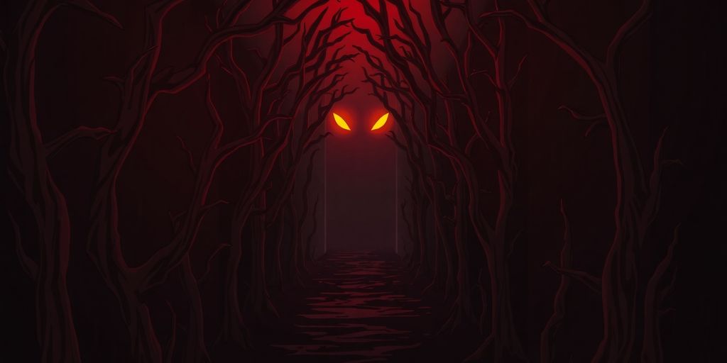 Dark hallway, glowing eyes, illustrative, game feeling.