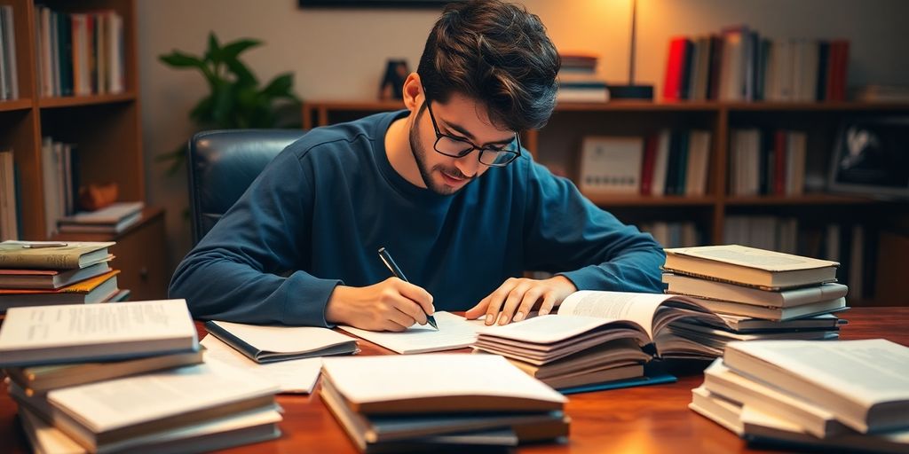 Graduate student writing dissertation at a cozy desk.