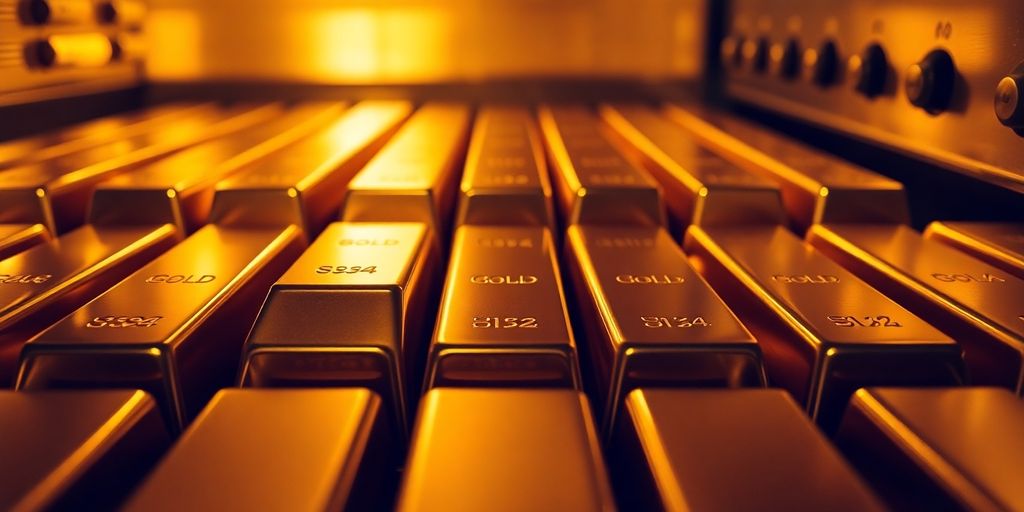 Gleaming gold bars stacked high.