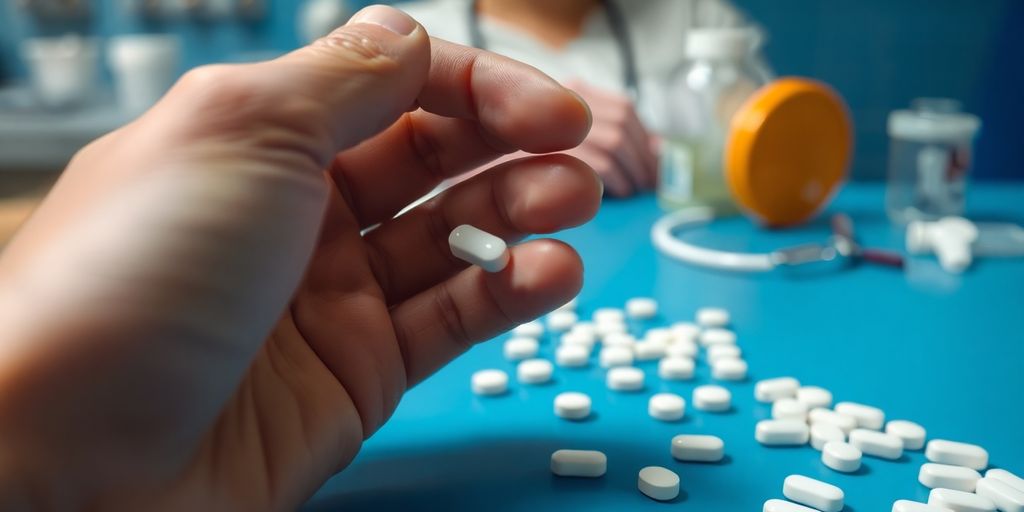 Pills, person's hand, clinic, medical tools, patient in foreground.