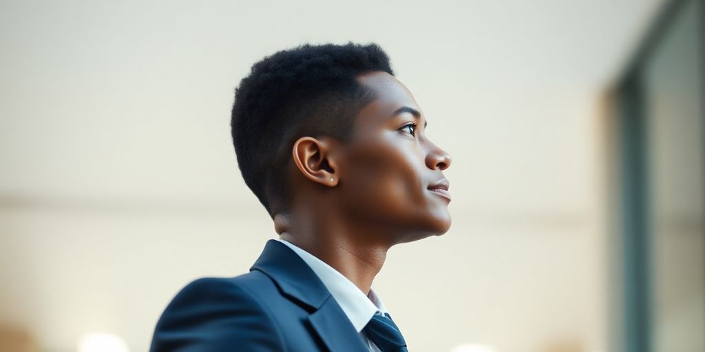 Person transitioning careers, professional attire.
