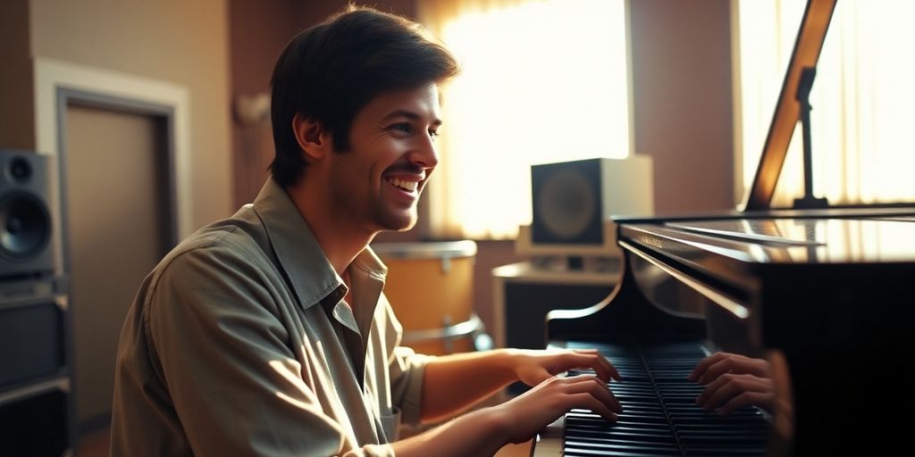 Young Brian Wilson at a piano, smiling, looking inspired.