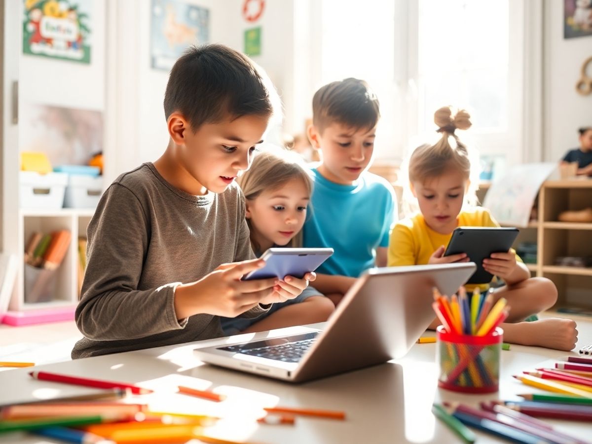 Copii creativi folosind dispozitive digitale pentru proiecte.