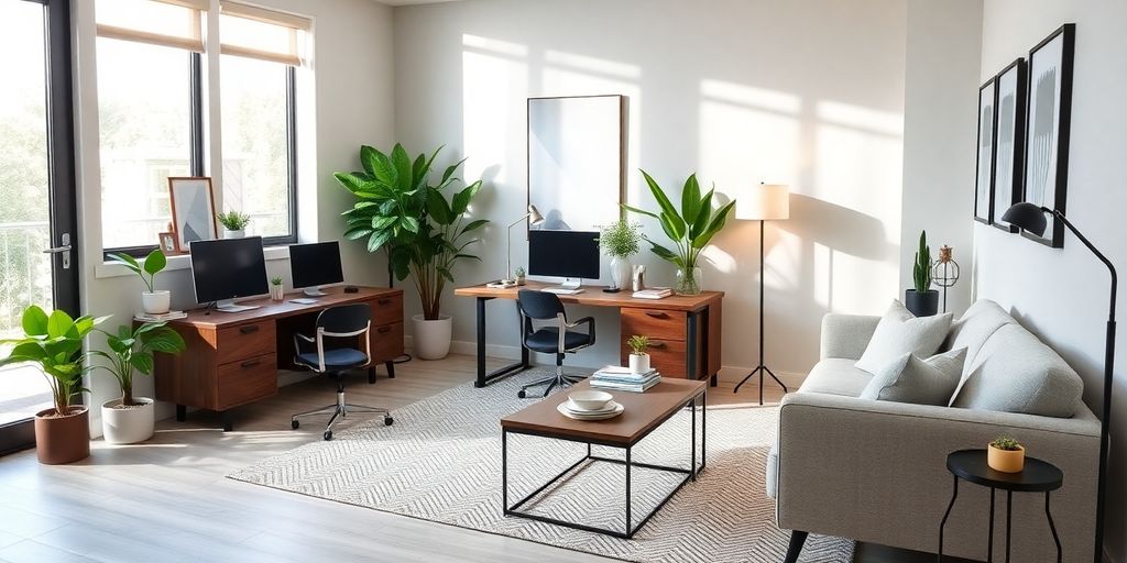 Modern home office with stylish furniture and natural light.
