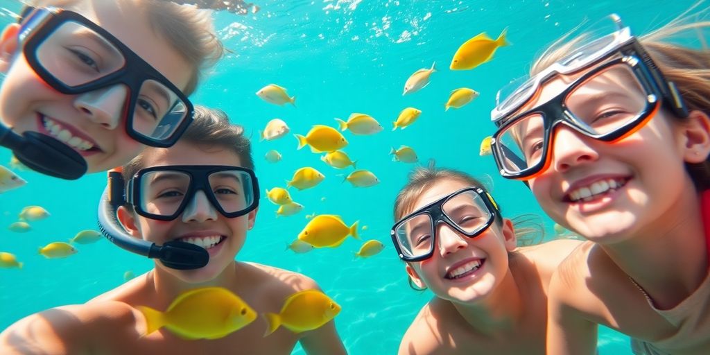 Family snorkeling underwater with vibrant fish in clear Cabo water.