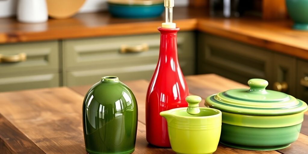 Le Creuset oil and vinegar set on a wooden table.