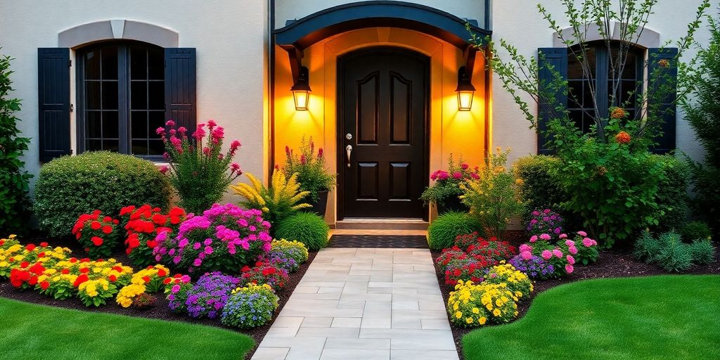 Welcoming entryway with flowers and stylish front door.
