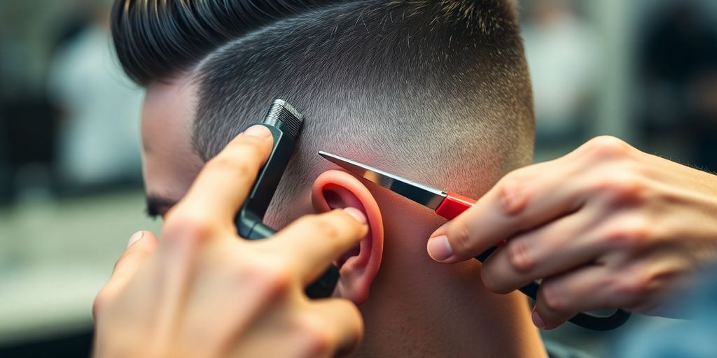 Barber's hands meticulously trimming a client's sharp haircut.