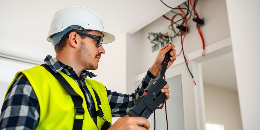 Électricien travaillant sur l'installation électrique dans une maison.