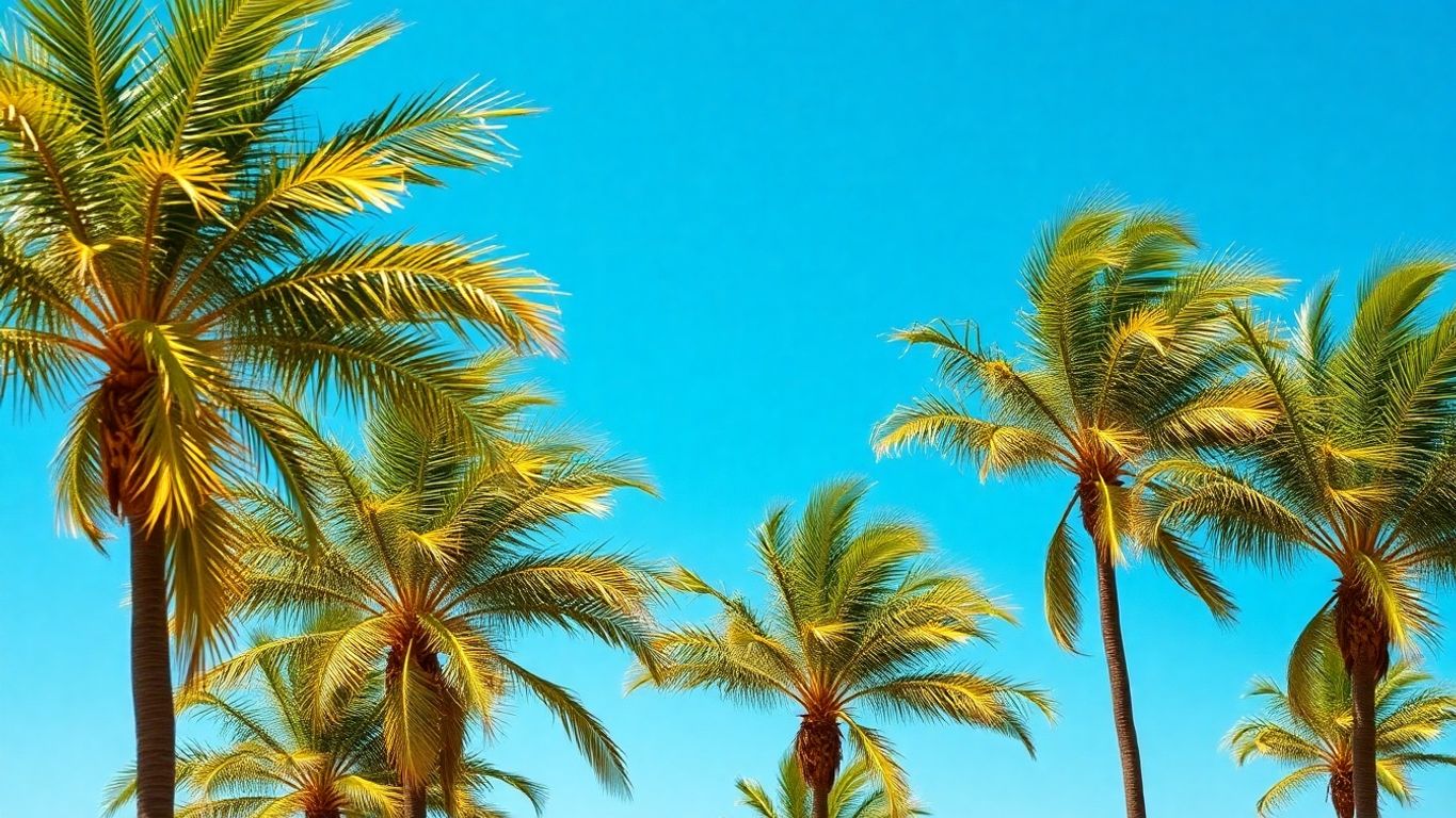 Colorful palm trees bending in wind.