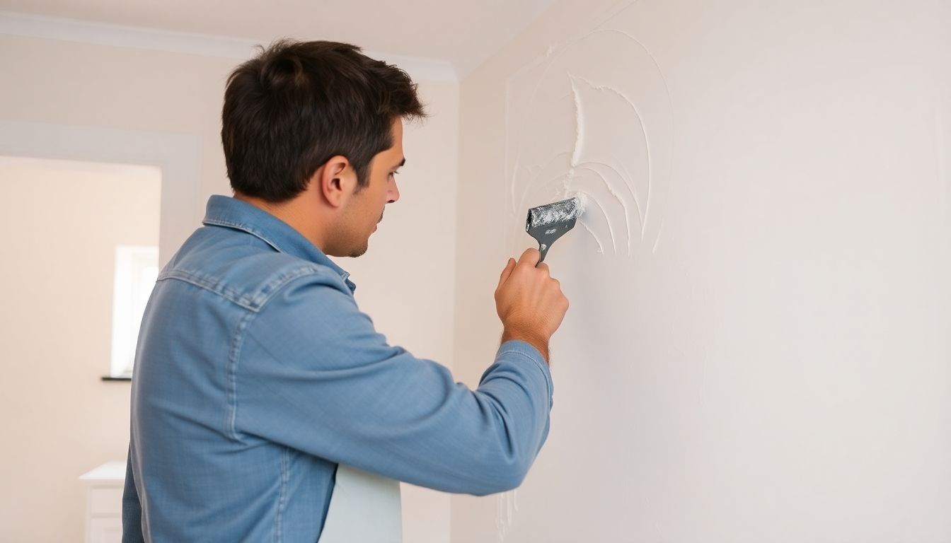 Professional plasterer working on a wall in London.