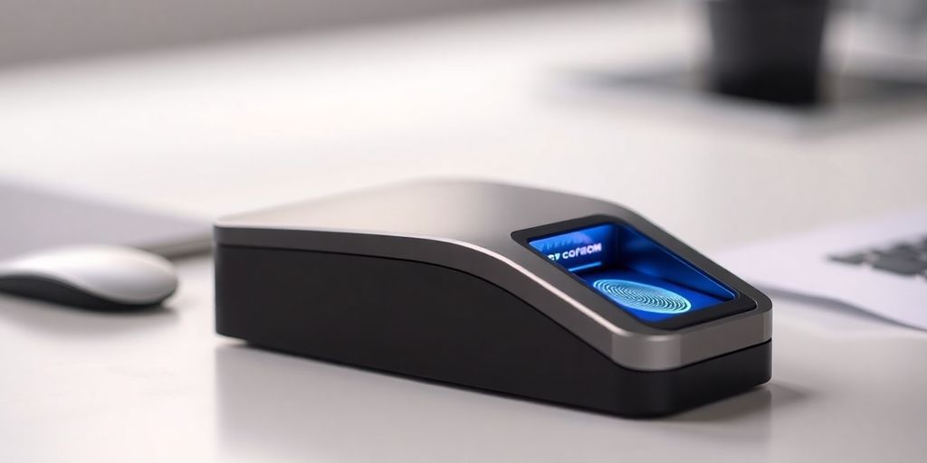 Biometric fingerprint scanner on a modern desk.