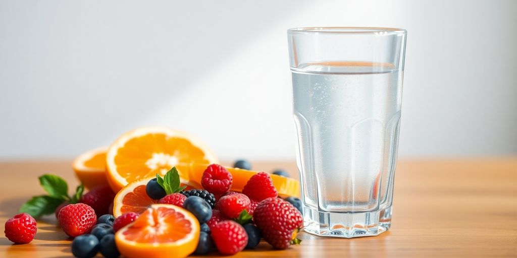 Glass of water on a table with fruit.