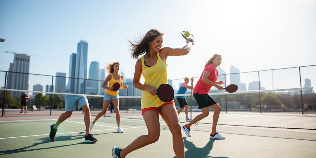 Pickleball players in action on a Chicago court.