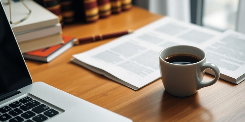 Lawyer's desk with laptop and legal books for PPC.
