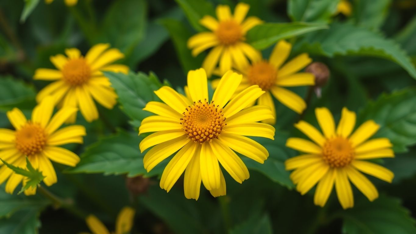 Flores de Arnica amarelas em fundo verde.