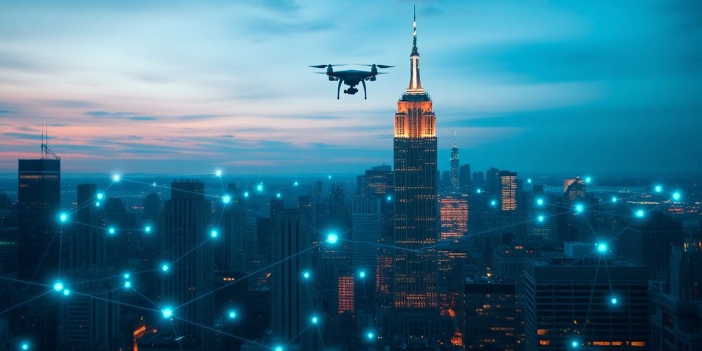 NYC skyline with digital overlay and glowing smart tech.