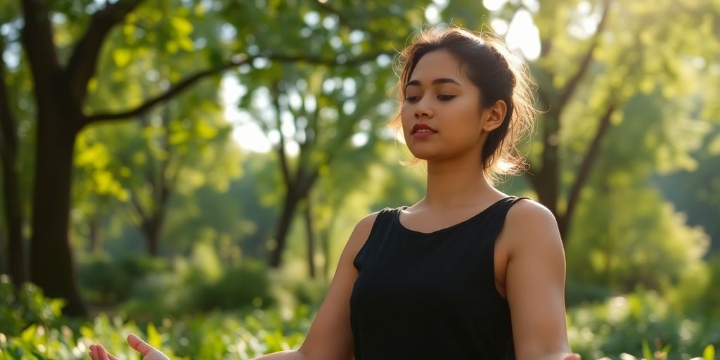 Person meditating peacefully in a tranquil natural setting.