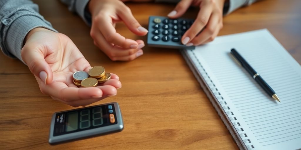 Aussie hands holding coins, calculator, and budget book.