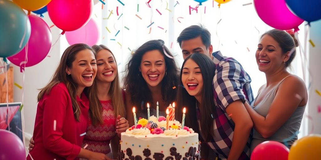Colorful surprise party with friends, balloons, and cake.