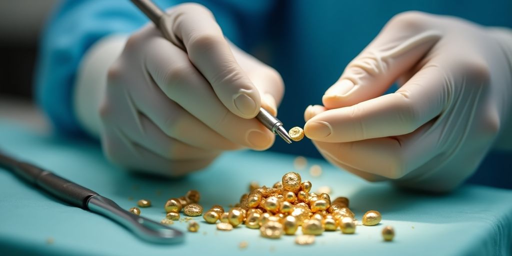 Extraction d'or par un dentiste avec des outils dentaires.