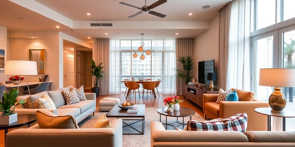 Modern living room with stylish furniture and warm lighting.