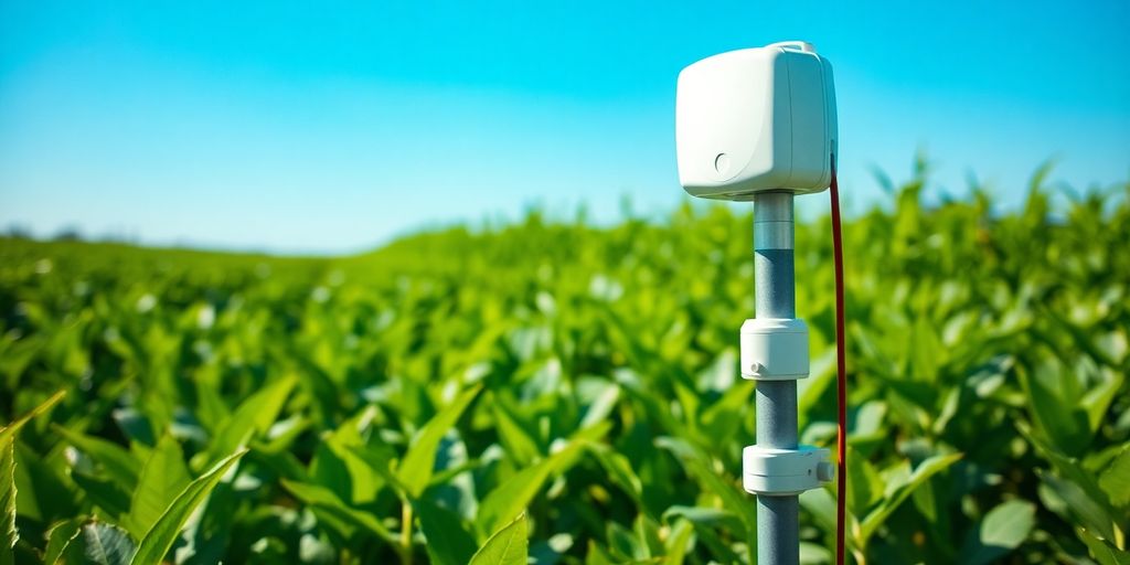 Arable Mark weather station in green crop field under sky