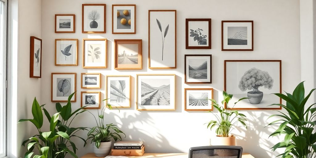 Cozy home office with plants and art on the wall.