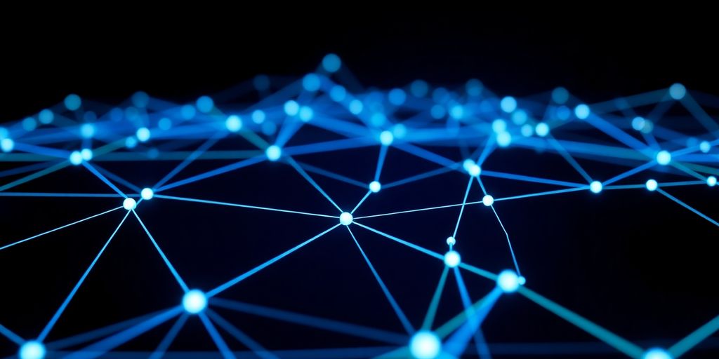 Blockchain network with glowing connections.