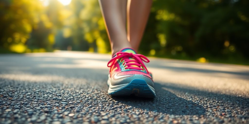 Pair of athletic shoes on a sunny outdoor path.
