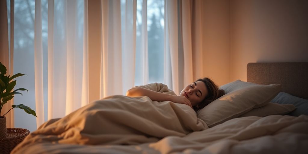 Person sleeping peacefully in a serene bedroom.