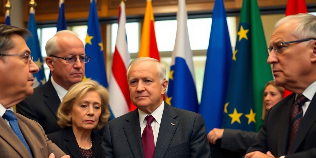 Leaders européens en discussion, drapeaux en arrière-plan.