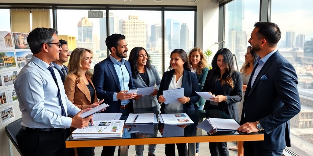 Diverse real estate brokers collaborating in a modern office.