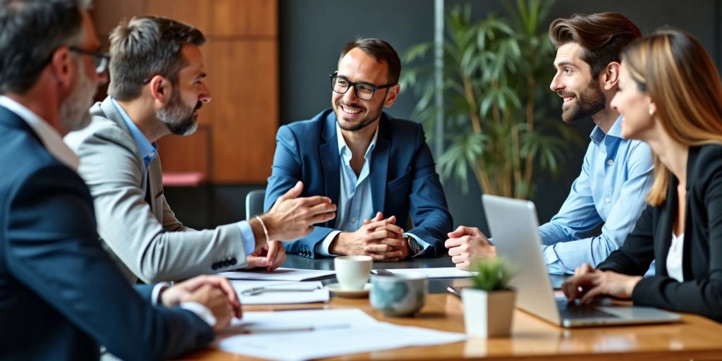 Reunión de negocios con equipo diverso